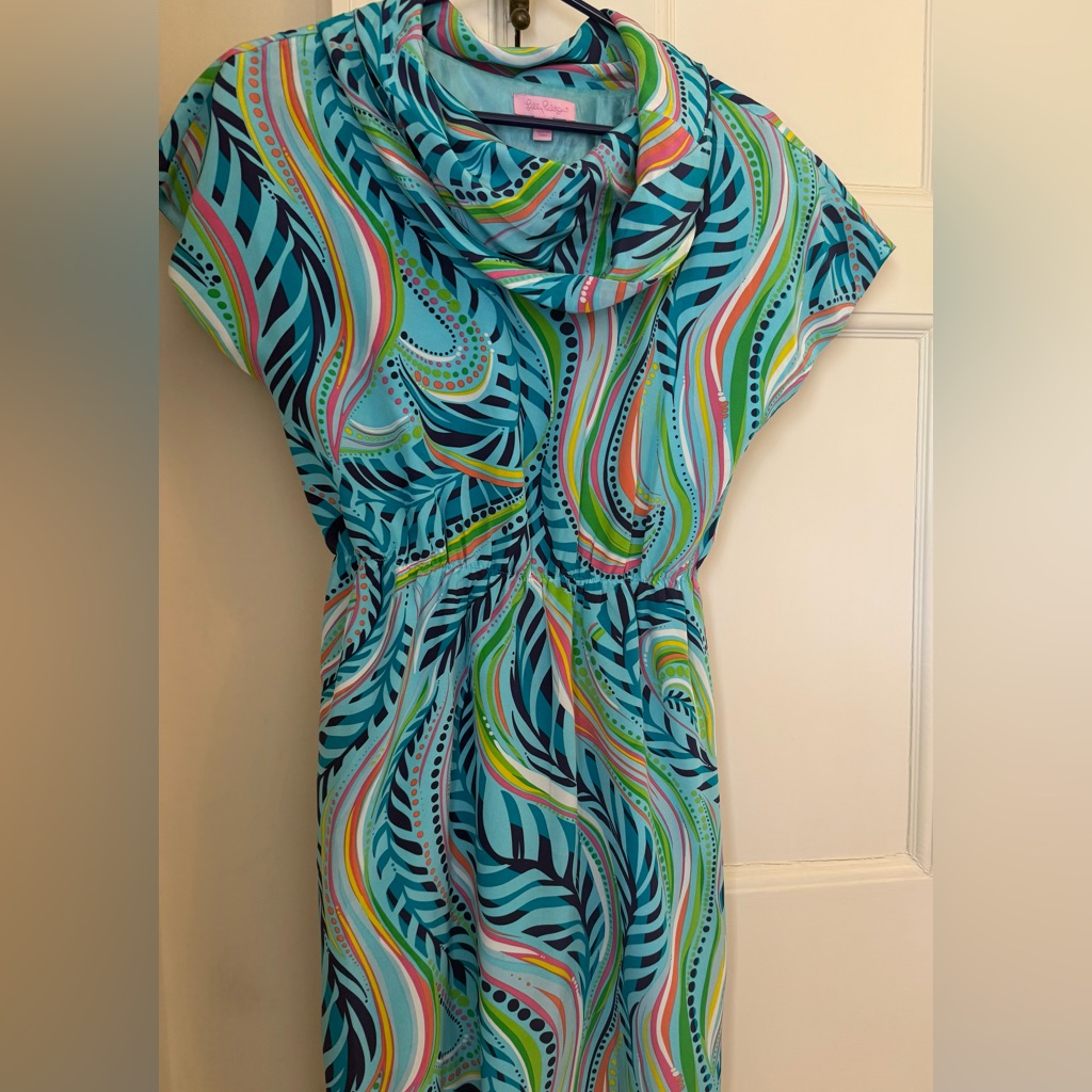 Lilly Pulitzer Harlow Dress Sea Me Silk Cowl Neck Turquoise